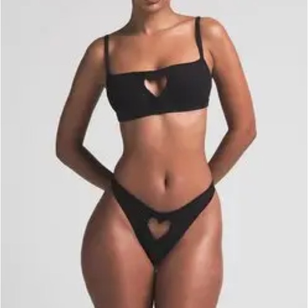 NWT Black Skims Cotton Jersey Heart Scoop Cutout Bralette Thong Set Medium